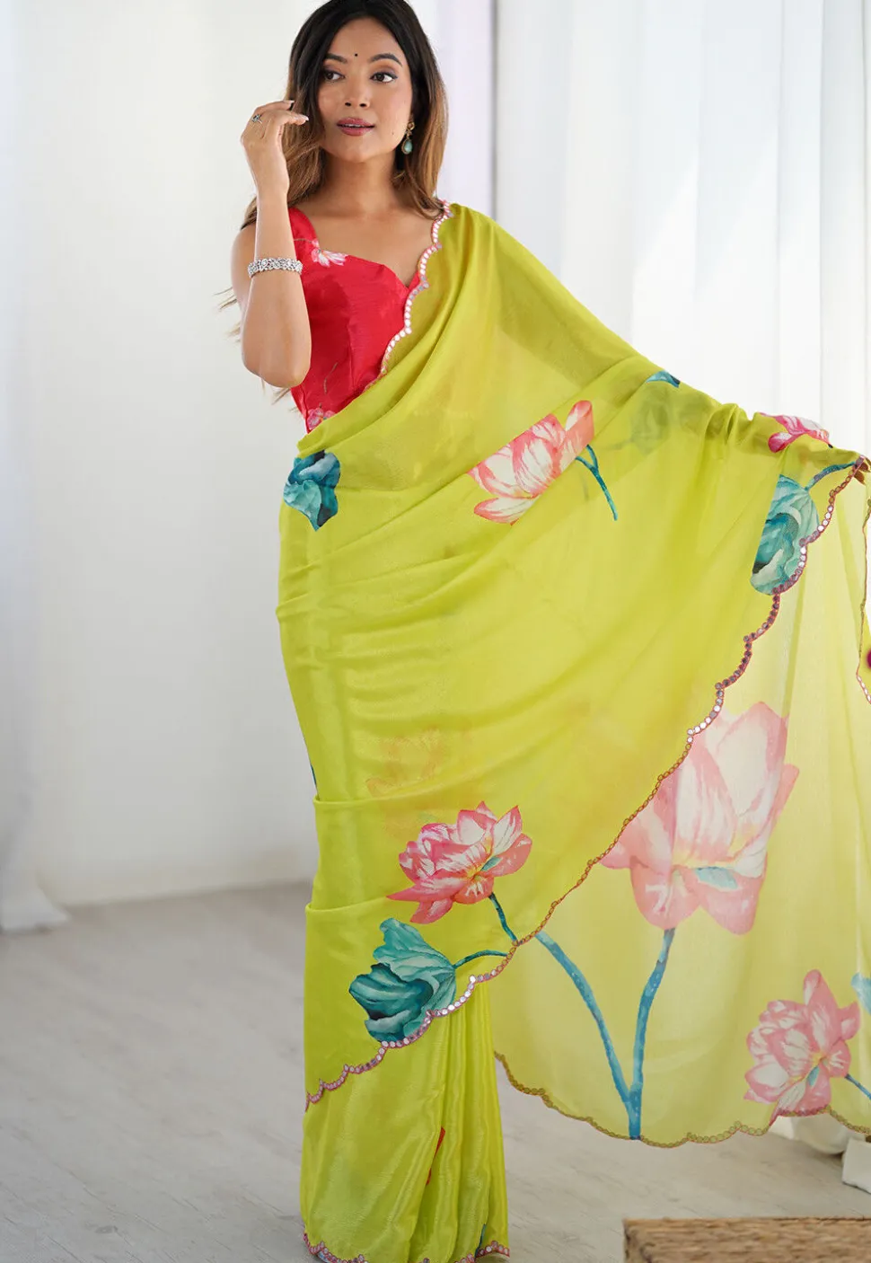 Digital Printed Chinon Chiffon Scalloped Saree in Light Green