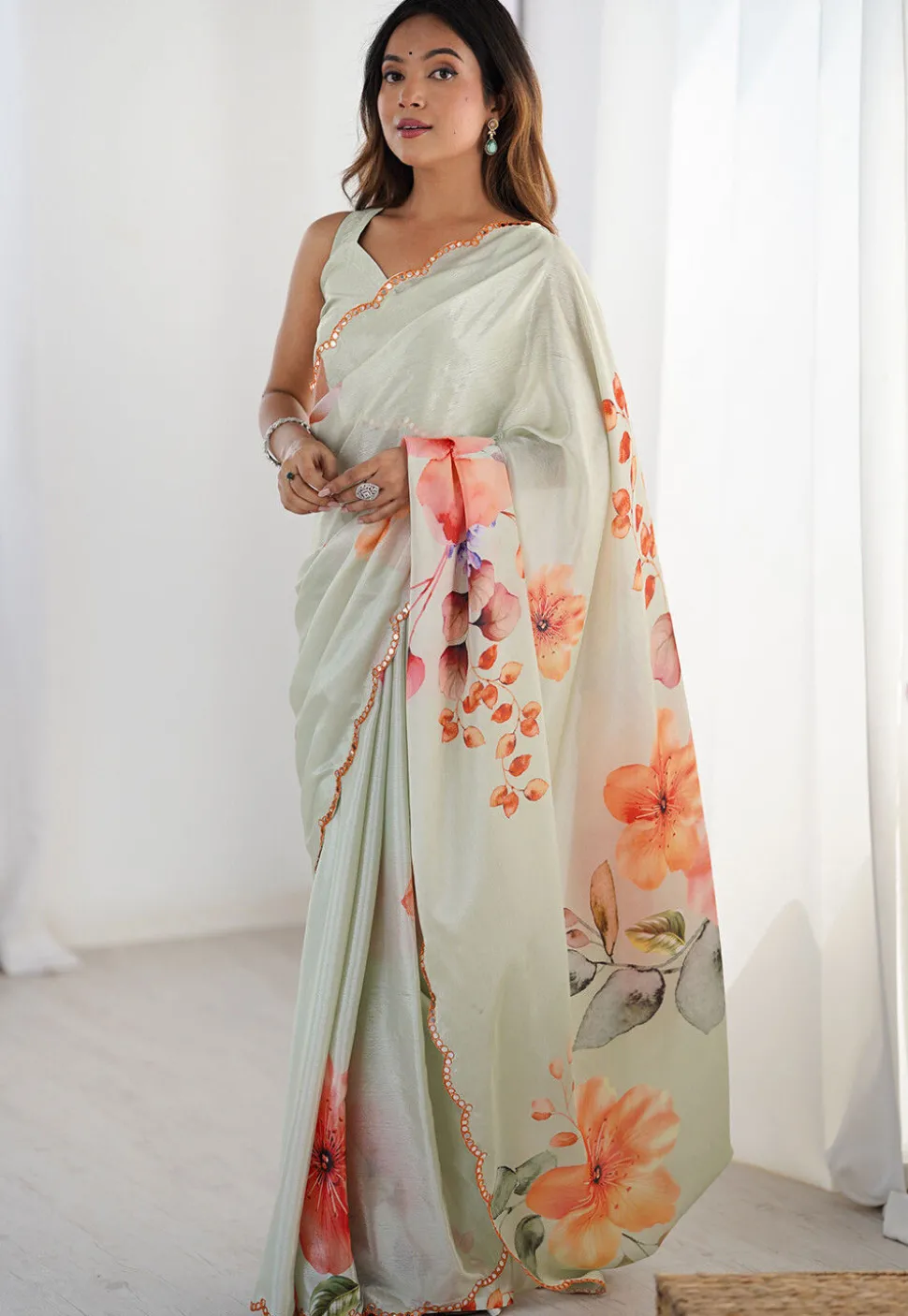 Digital Printed Chinon Chiffon Scalloped Saree in Pastel Green