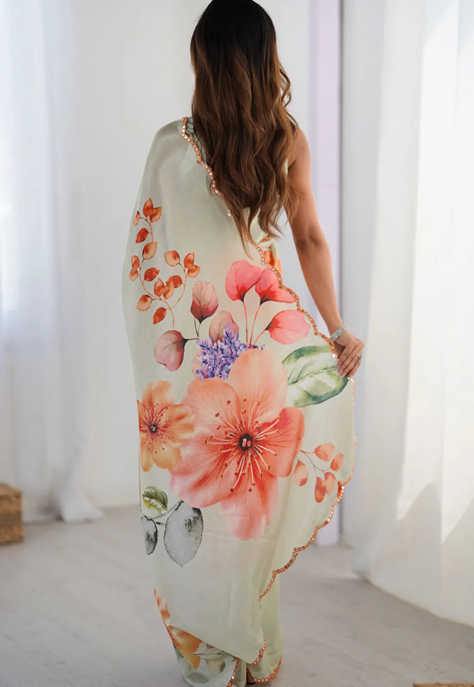 Digital Printed Chinon Chiffon Scalloped Saree in Pastel Green
