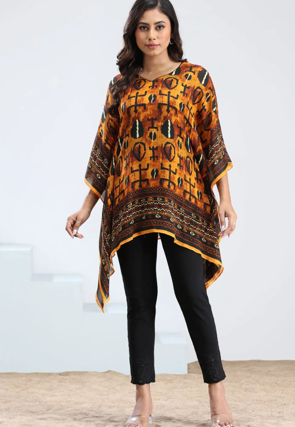 Digital Printed Chinon Chiffon Kaftan in Mustard