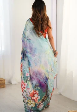 Digital Printed Chinon Chiffon Scalloped Saree in Blue Ombre