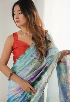 Digital Printed Chinon Chiffon Scalloped Saree in Blue Ombre