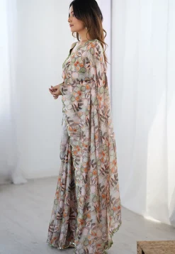 Digital Printed Chinon Chiffon Scalloped Saree in Peach