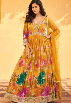 Digital Printed Chinon Chiffon Abaya Style Suit in Mustard