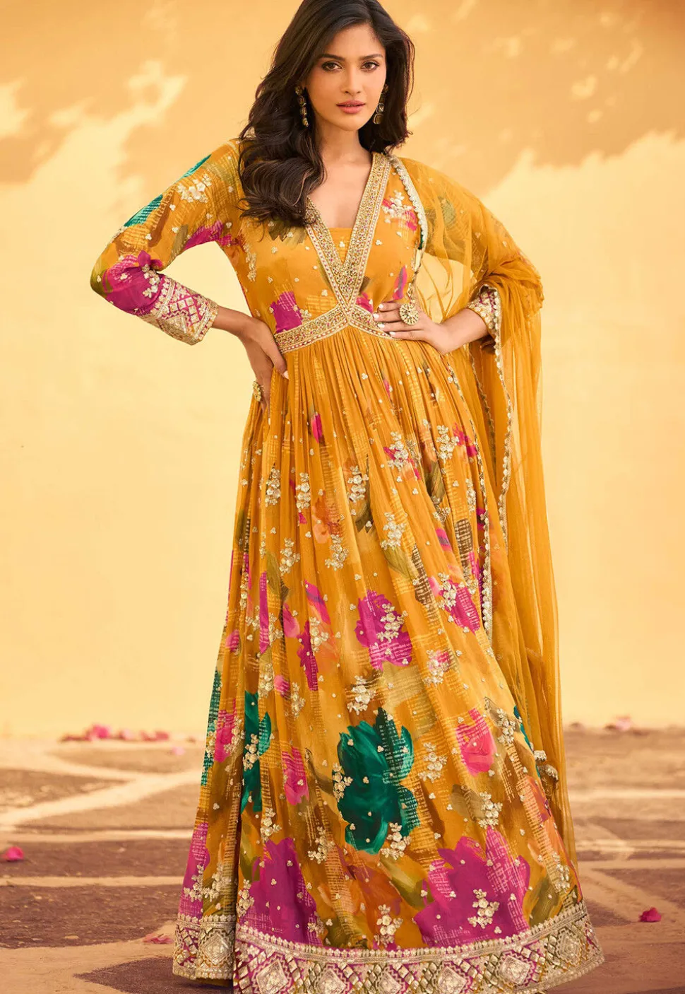 Digital Printed Chinon Chiffon Abaya Style Suit in Mustard