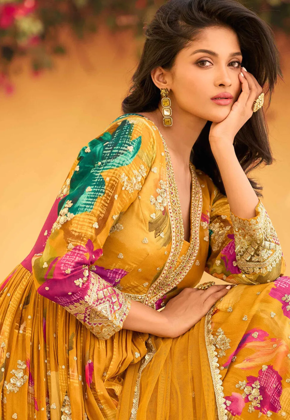 Digital Printed Chinon Chiffon Abaya Style Suit in Mustard