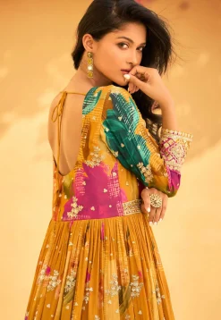 Digital Printed Chinon Chiffon Abaya Style Suit in Mustard