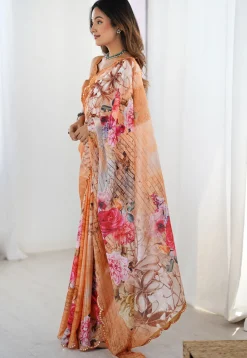 Digital Printed Chinon Chiffon Scalloped Saree in Light Orange