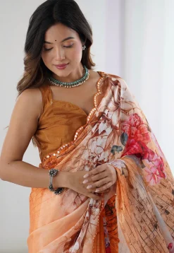 Digital Printed Chinon Chiffon Scalloped Saree in Light Orange
