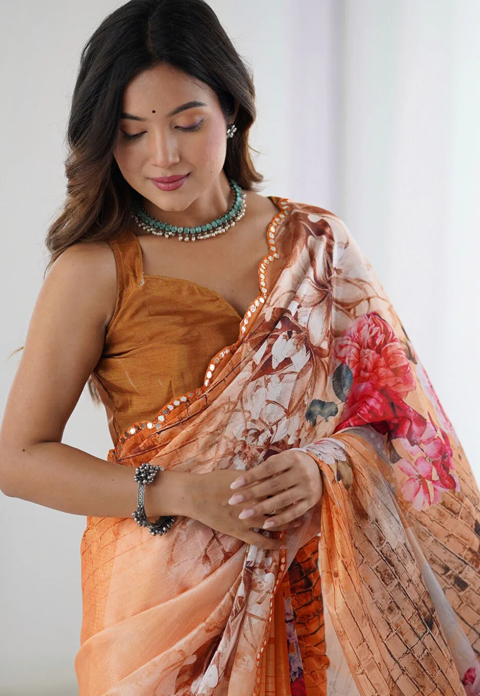 Digital Printed Chinon Chiffon Scalloped Saree in Light Orange