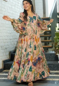 Digital Printed Chinon Chiffon Gown in Peach