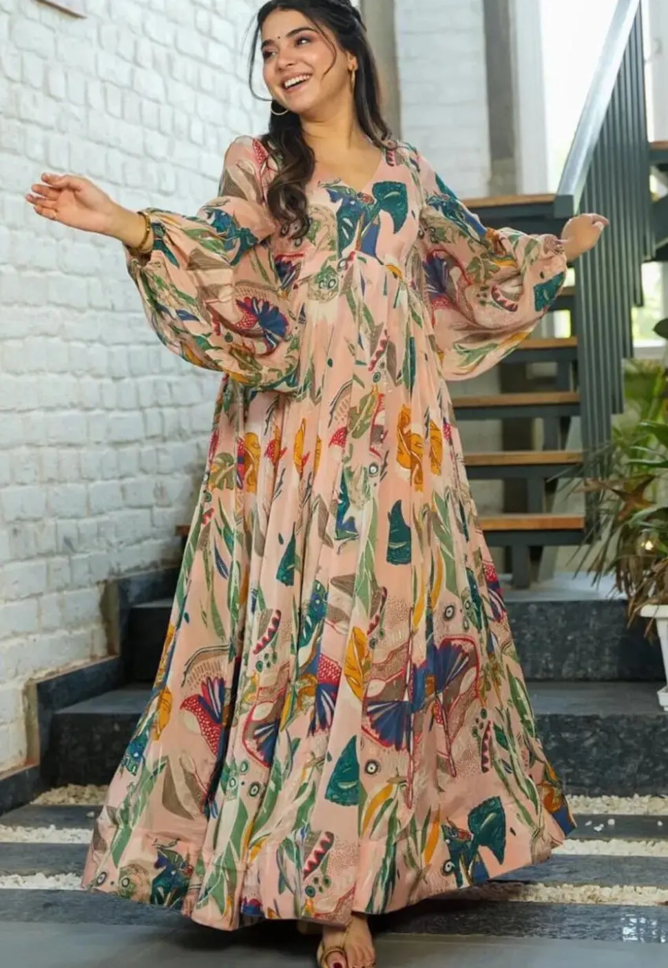 Digital Printed Chinon Chiffon Gown in Peach