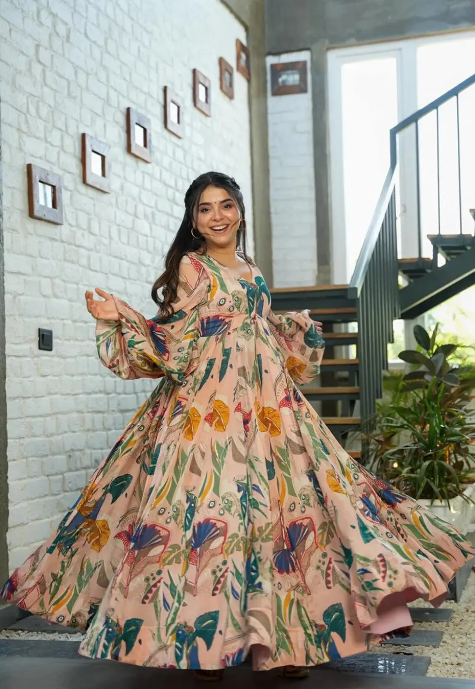 Digital Printed Chinon Chiffon Gown in Peach