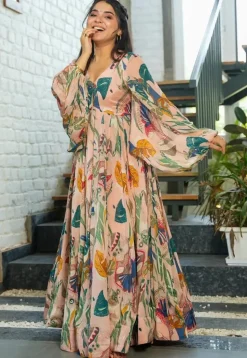 Digital Printed Chinon Chiffon Gown in Peach