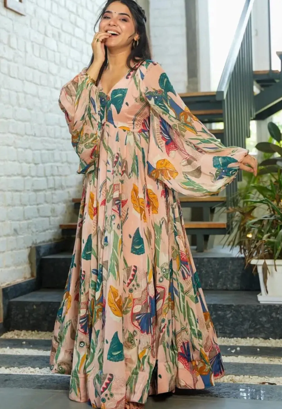 Digital Printed Chinon Chiffon Gown in Peach