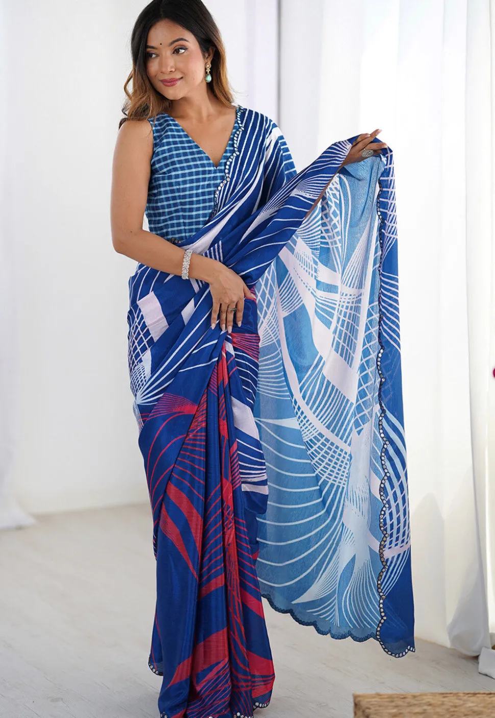 Digital Printed Chinon Chiffon Scalloped Saree in Blue