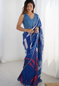 Digital Printed Chinon Chiffon Scalloped Saree in Blue