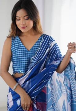 Digital Printed Chinon Chiffon Scalloped Saree in Blue