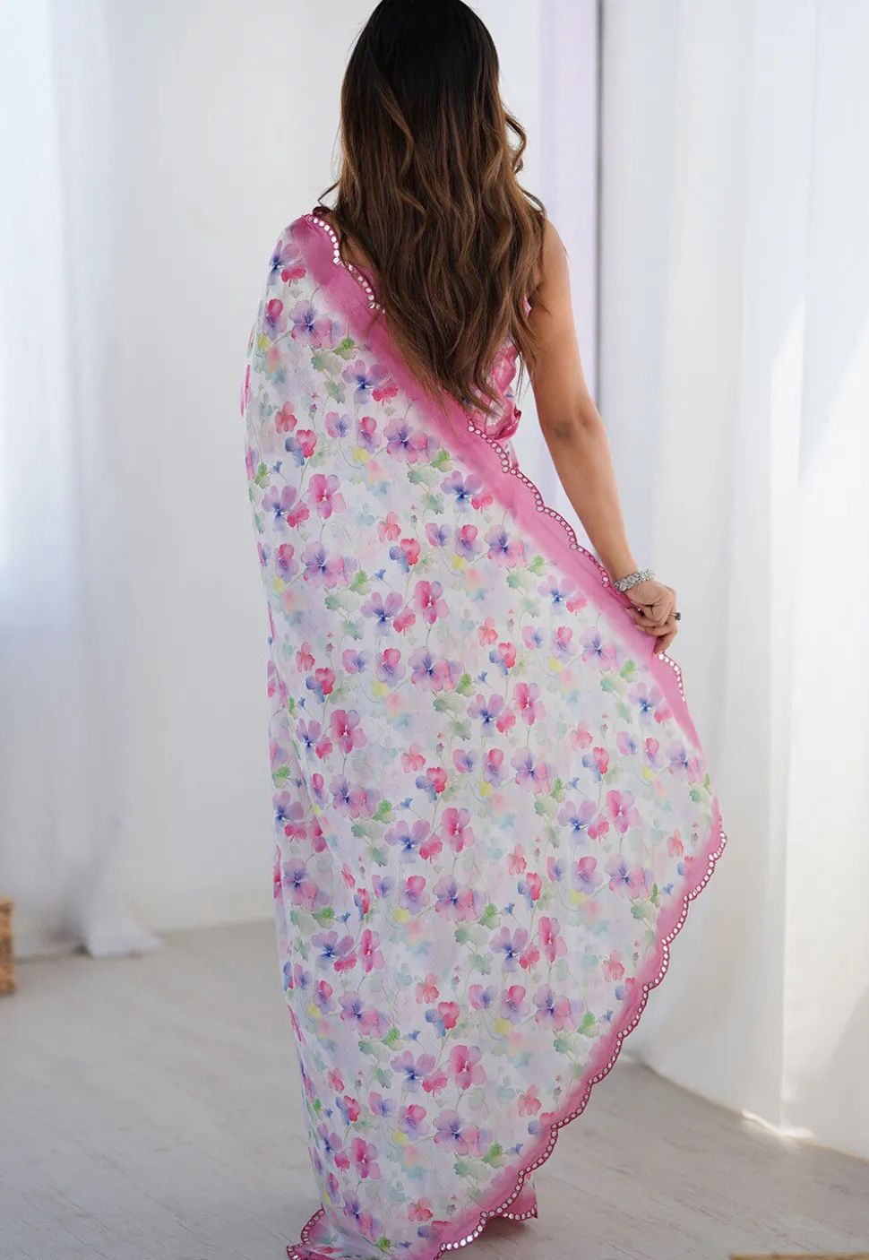 Digital Printed Chinon Chiffon Scalloped Saree in Off White
