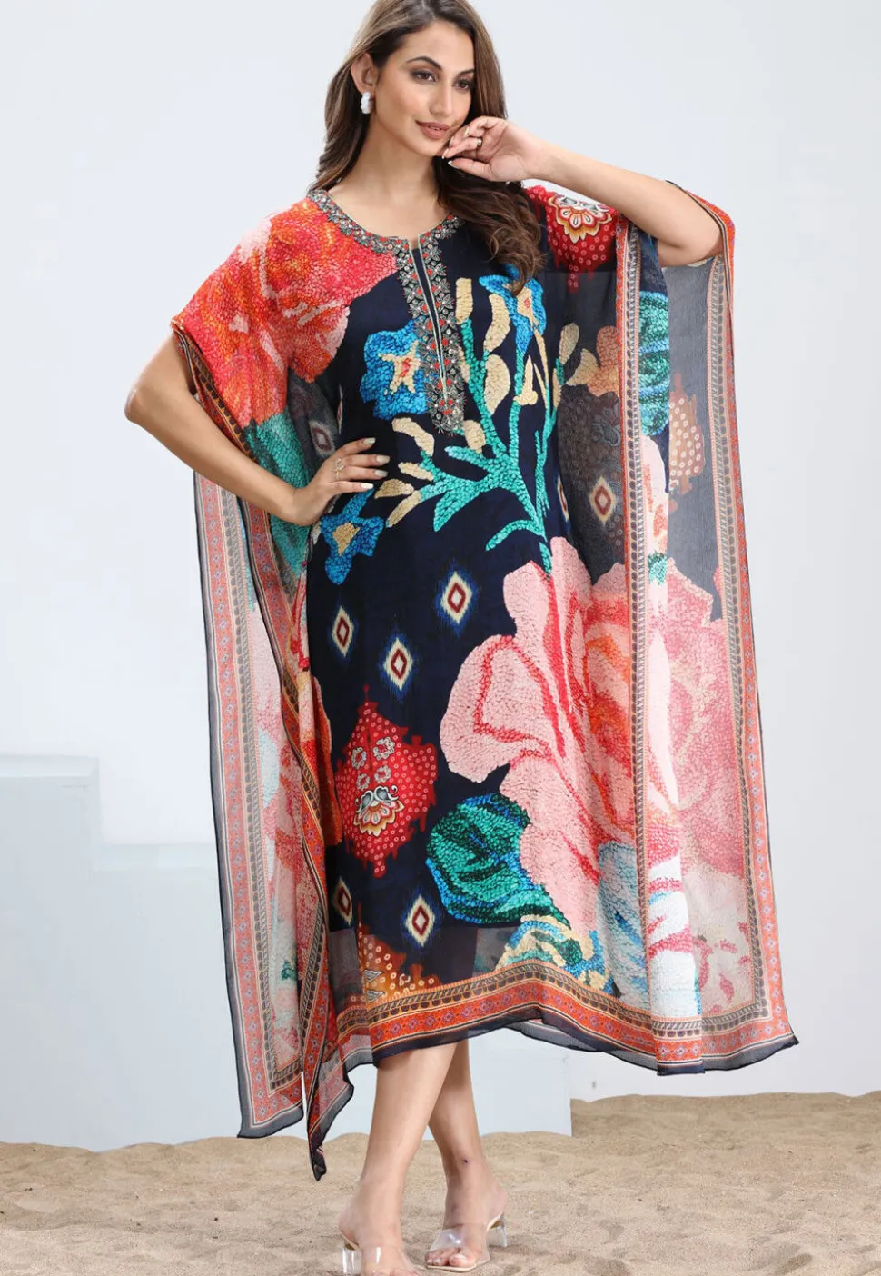 Digital Printed Chinon Chiffon Kaftan in Multicolor