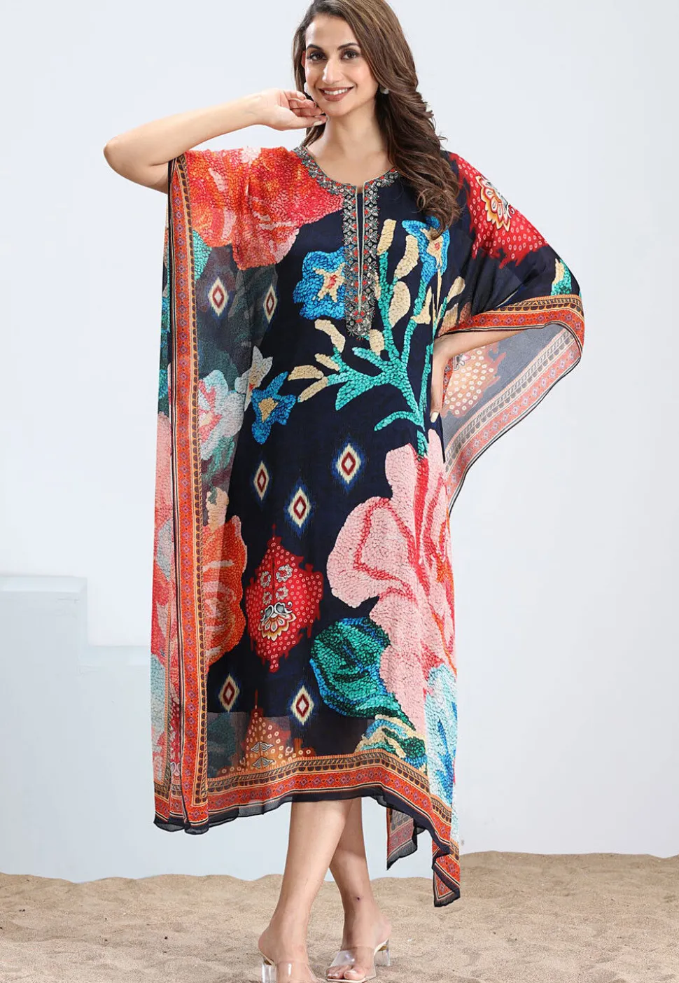 Digital Printed Chinon Chiffon Kaftan in Multicolor