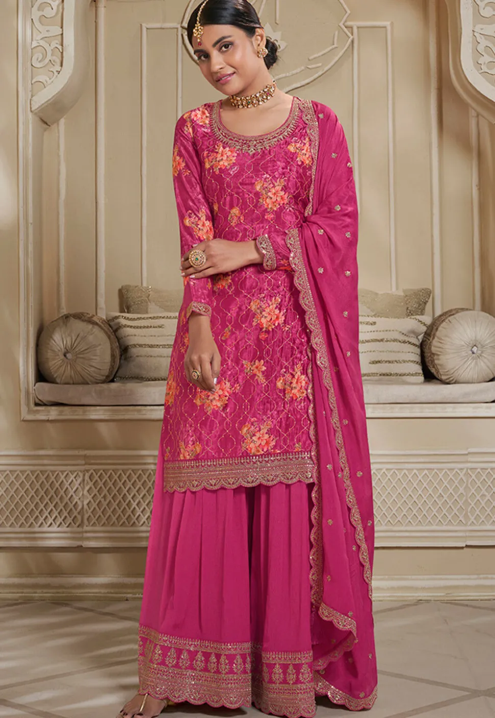 Digital Printed Chinon Chiffon Pakistani Suit in Pink