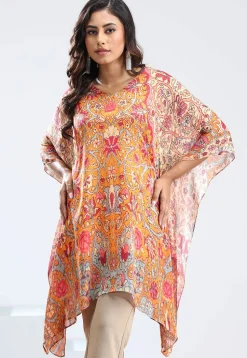 Digital Printed Chinon Chiffon Kaftan in Orange