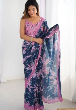 Digital Printed Chinon Chiffon Scalloped Saree in Navy Blue