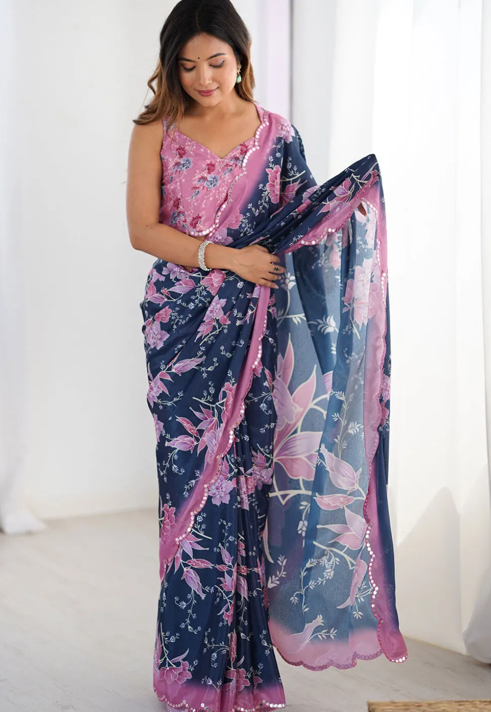 Digital Printed Chinon Chiffon Scalloped Saree in Navy Blue