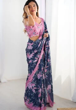 Digital Printed Chinon Chiffon Scalloped Saree in Navy Blue