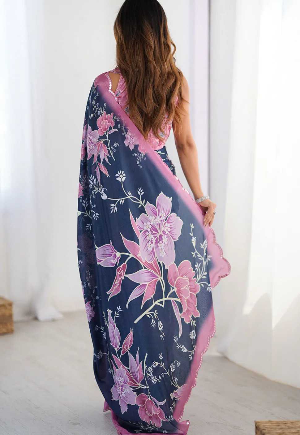 Digital Printed Chinon Chiffon Scalloped Saree in Navy Blue