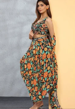 Digital Printed Chinon Chiffon Crop Top Set in Black