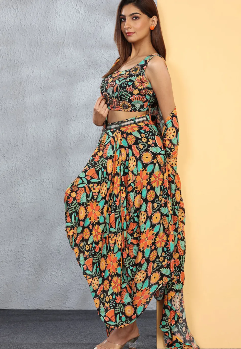 Digital Printed Chinon Chiffon Crop Top Set in Black
