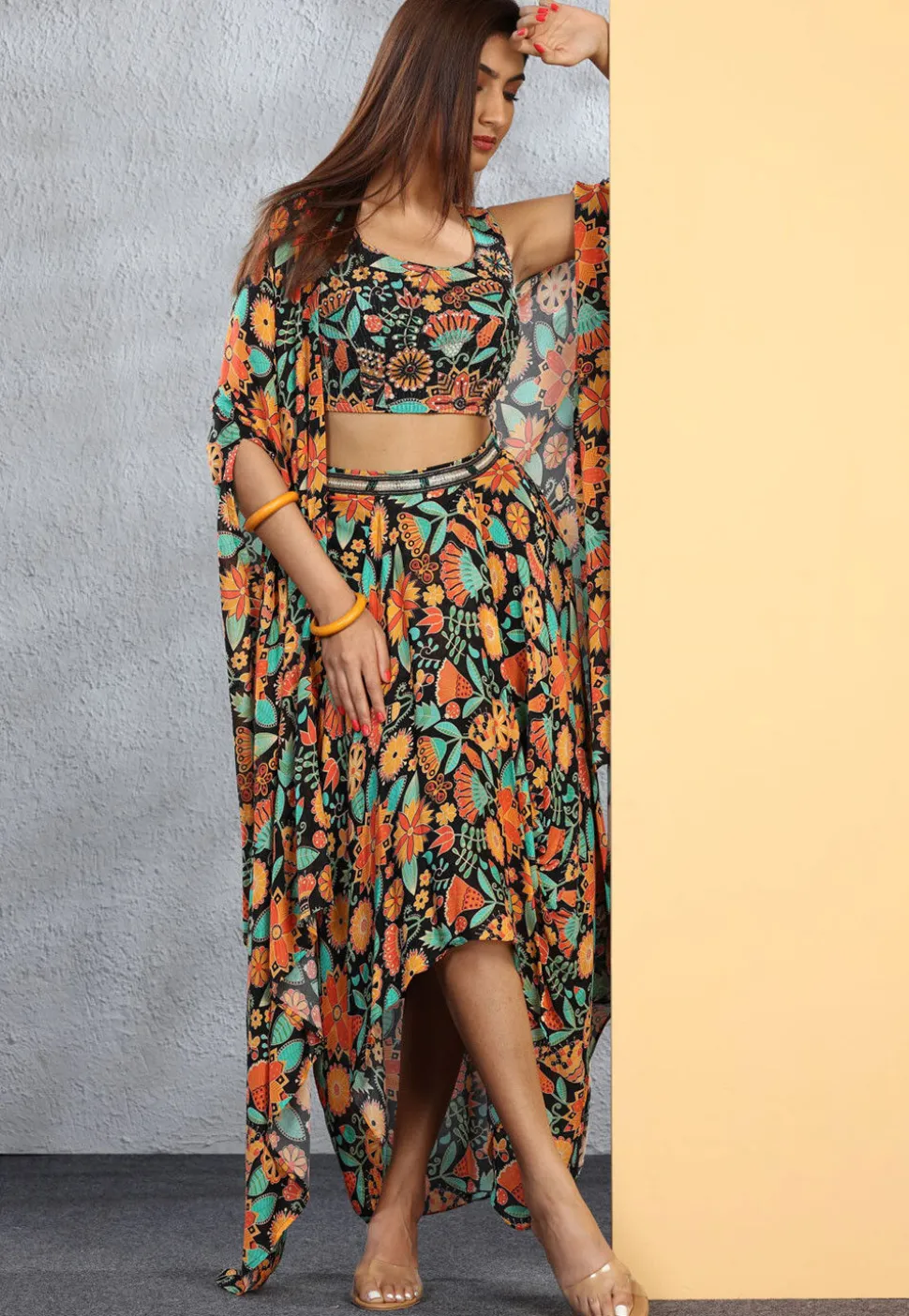 Digital Printed Chinon Chiffon Crop Top Set in Black