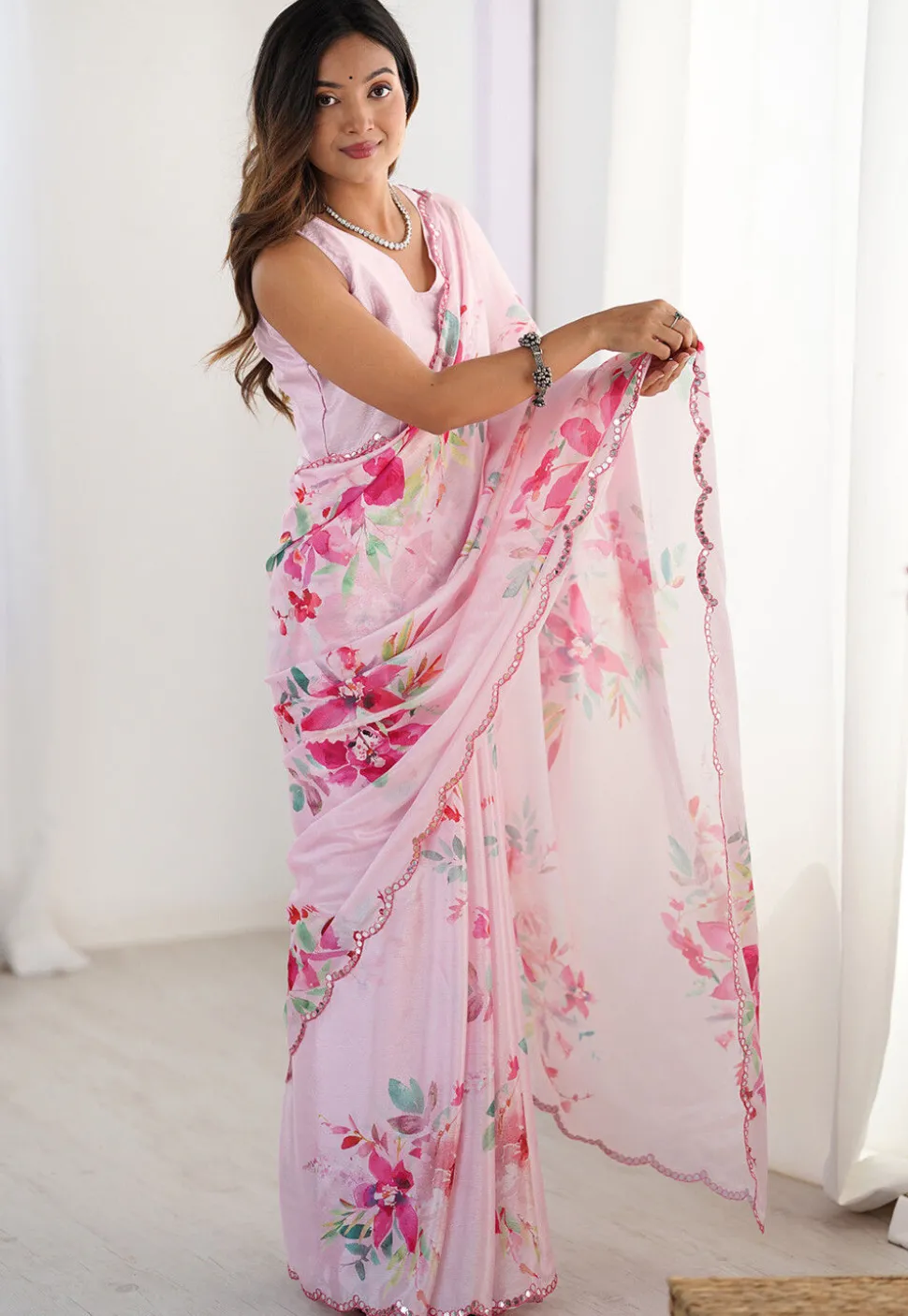 Digital Printed Chinon Chiffon Scalloped Saree in Baby Pink
