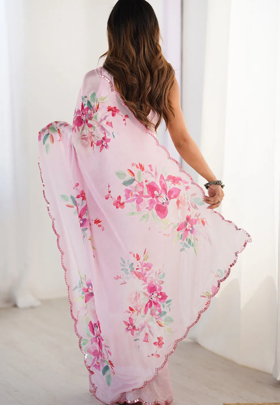 Digital Printed Chinon Chiffon Scalloped Saree in Baby Pink