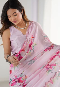 Digital Printed Chinon Chiffon Scalloped Saree in Baby Pink