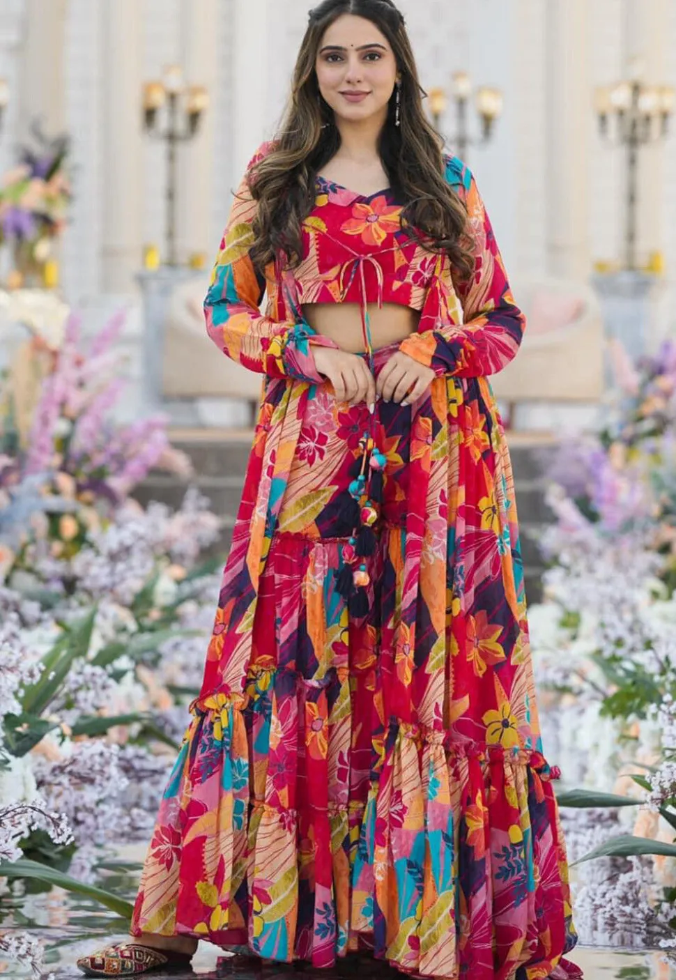 Digital Printed Chinon Chiffon Crop Top Set in Fuchsia