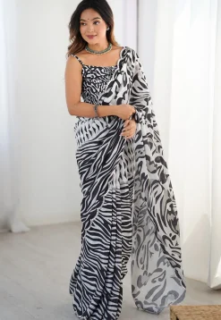 Digital Printed Chinon Crepe Saree in Black and White