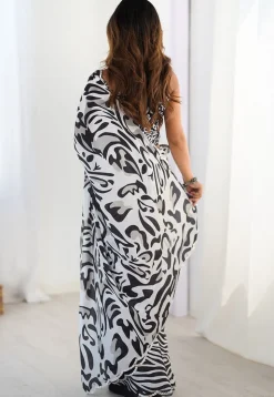 Digital Printed Chinon Crepe Saree in Black and White