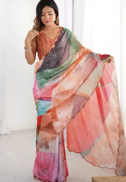 Digital Printed Chinon Crepe Saree in Multicolor
