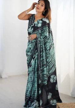 Digital Printed Chinon Crepe Saree in Sea Green and Black