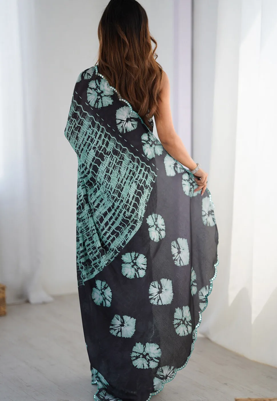 Digital Printed Chinon Crepe Saree in Sea Green and Black