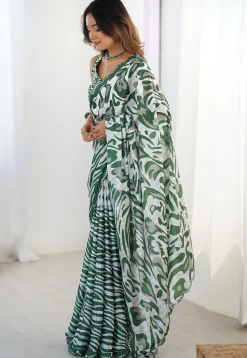 Digital Printed Chinon Crepe Saree in Green and White