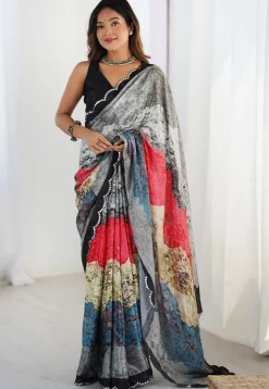 Digital Printed Chinon Crepe Saree in Multicolor