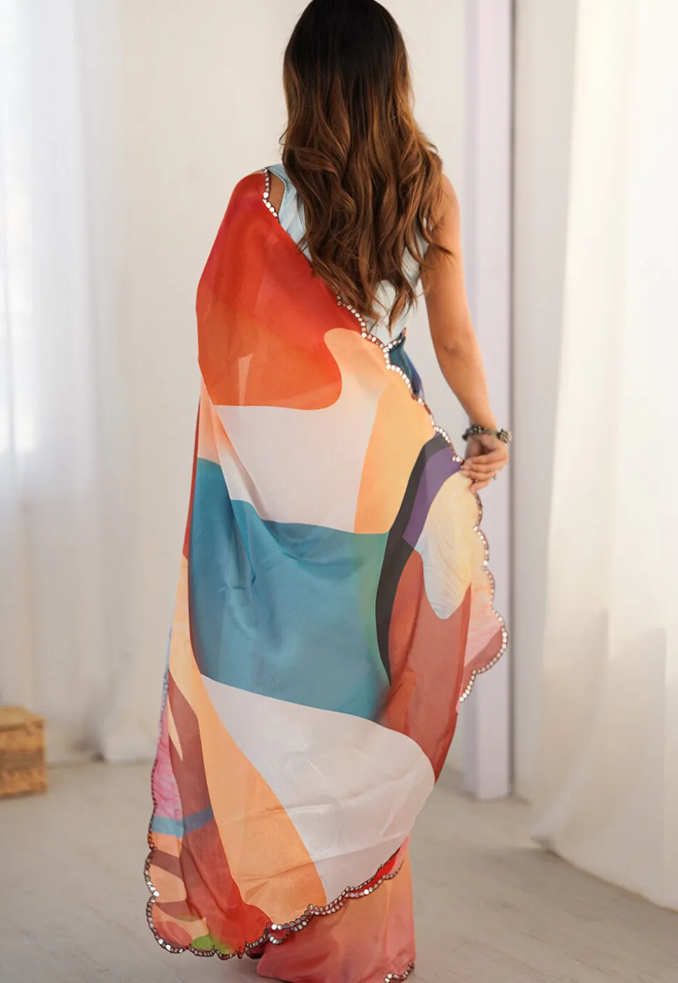 Digital Printed Chinon Crepe Saree in Multicolor