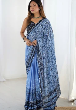 Digital Printed Chinon Crepe Saree in Blue