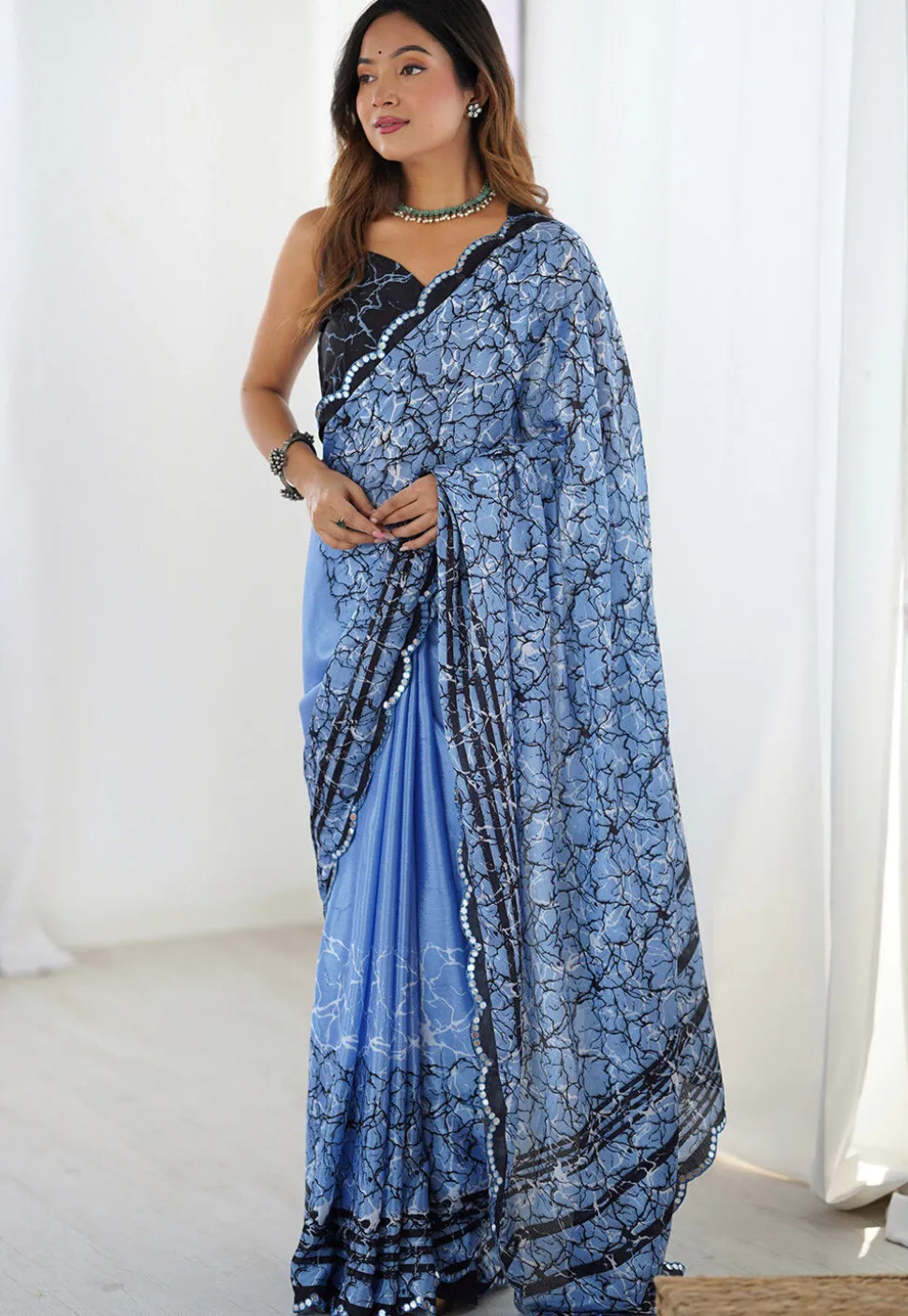 Digital Printed Chinon Crepe Saree in Blue