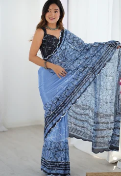Digital Printed Chinon Crepe Saree in Blue