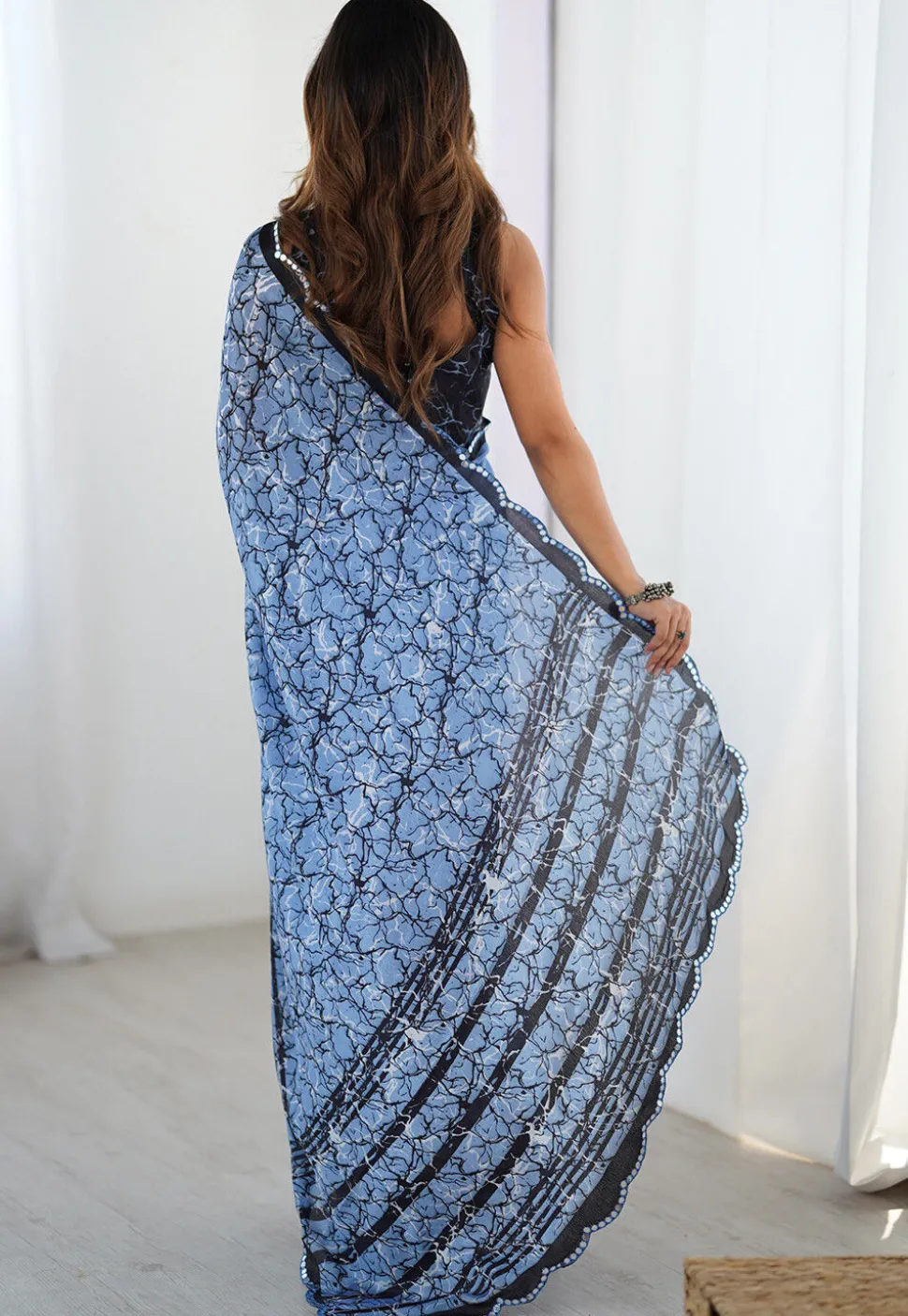 Digital Printed Chinon Crepe Saree in Blue
